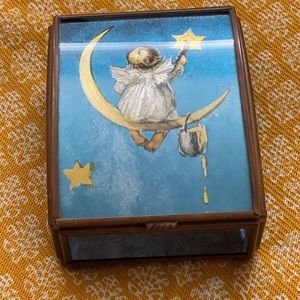 Vintage glass trinket box.  Blue/gold in colors. Great condition  approx 3” x 5”